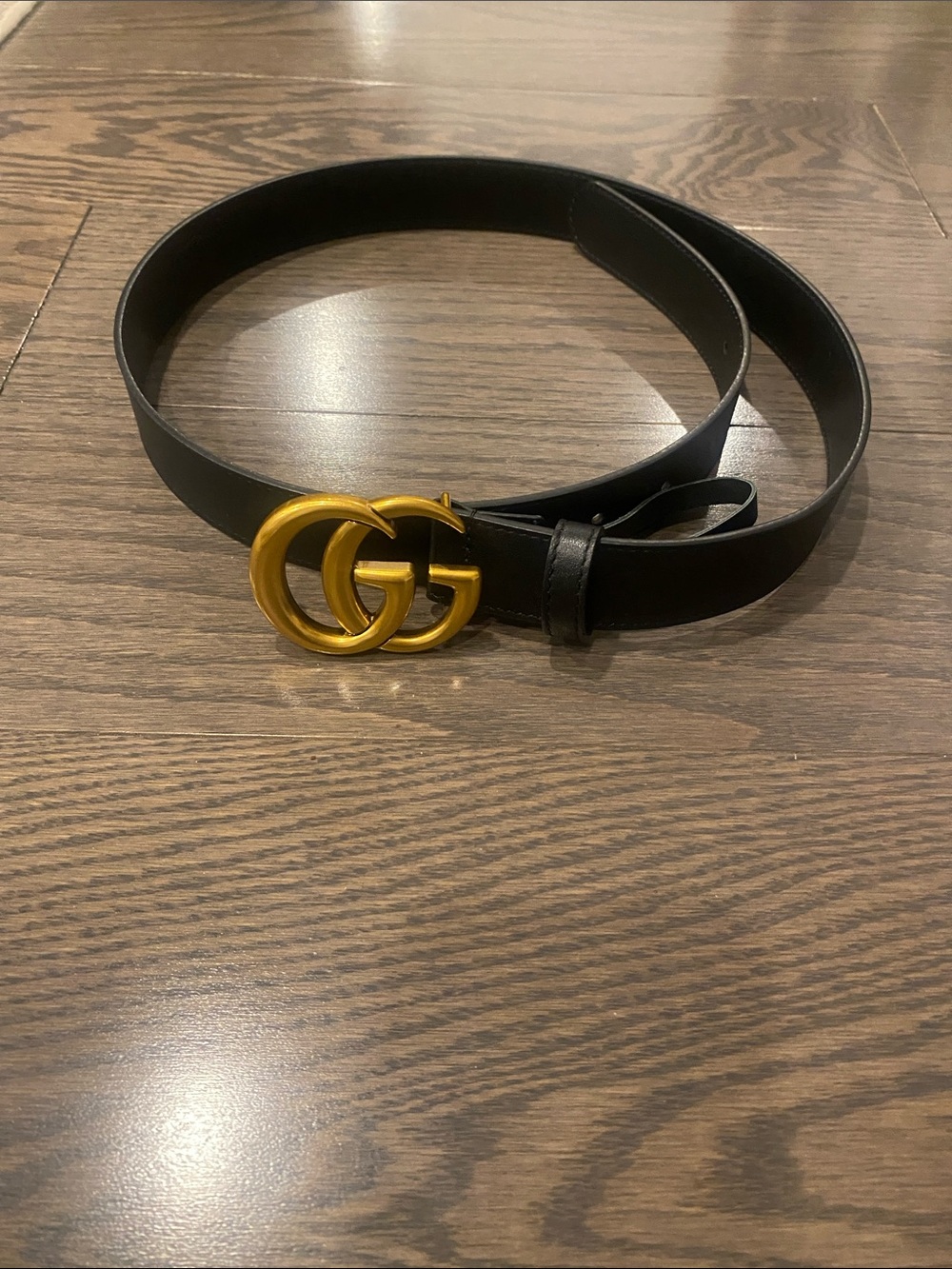 Black Leather Belt with Gold Double-G Buckle